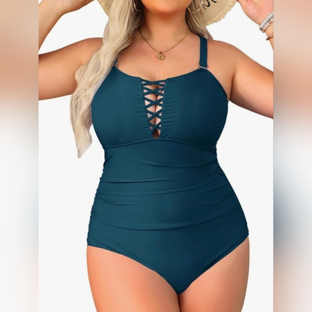 Younique One Piece Swimsuit Bathing Suit Plus Size 24W Teal Blue Slimming Ruched